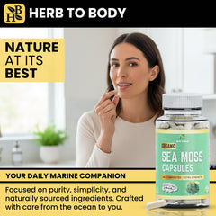 Herb To Body packaging shows 60 vegan capsules for monthly use.