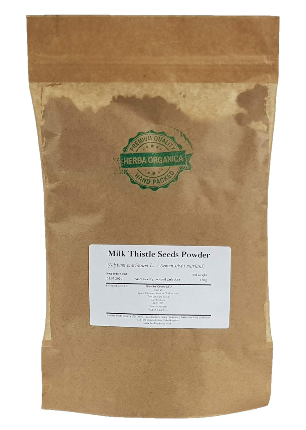 Herba Organica Milk Thistle Seeds Powder packshot showing pure, GMO-free formula for daily wellness
