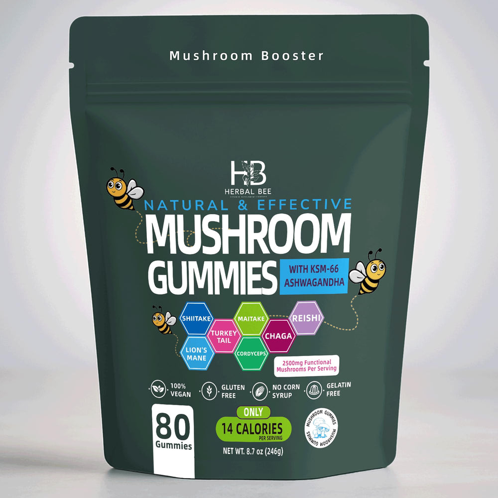 Herbal Bee Organic Ashwagandha and Lions Mane gummies bottle supports daily immune and focus.