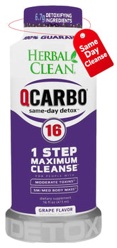 Herbal Clean Qcarbo16 bottle front with grape flavor detox product