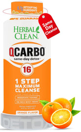 Herbal Clean Qcarbo16 orange bottle front view for on-the-go detox support.