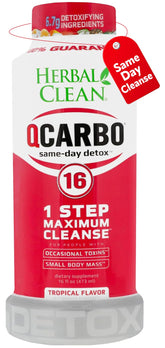 Herbal Clean Qcarbo16 tropical bottle being poured for detox support.