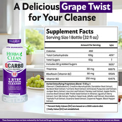 Herbal Clean Qcarbo32 front bottle view highlights grape flavor and one-day cleanse.