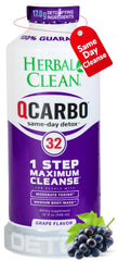 Herbal Clean Qcarbo32 bottle being poured with grape flavor for a quick detox ritual.