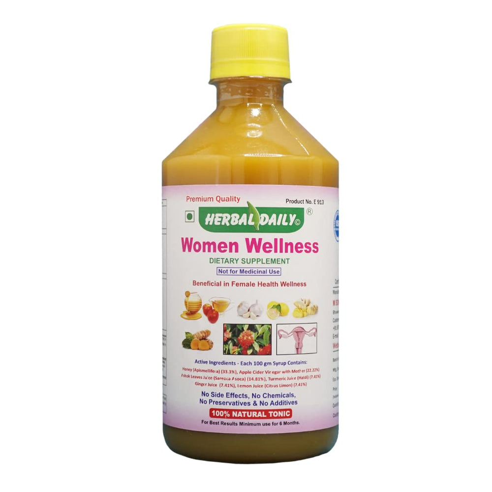 HERBAL DAILY Women's Wellness Syrup bottle highlighting natural ingredients for daily vitality.