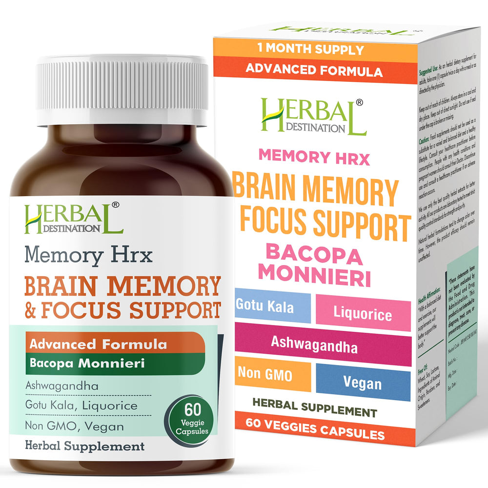 Herbal Destination Memory Hrx bottle highlights focus support and cognitive clarity.