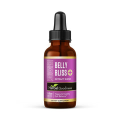 Herbal Goodness Belly Bliss bottle demonstrates easy liquid probiotic for daily gut support.