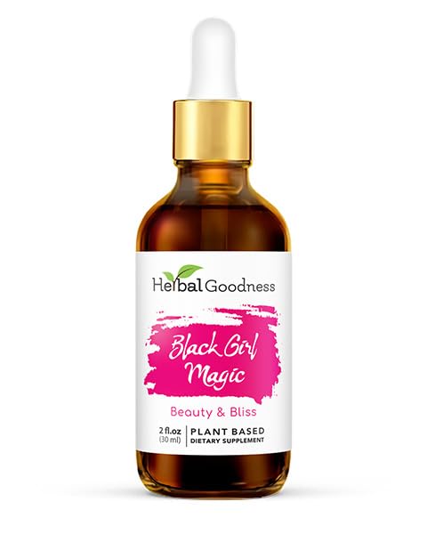 Herbal Goodness Black Girl Magic bottle label supports radiant skin and daily beauty