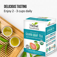 Herbal Goodness Guava Leaf Tea closeup of dried leaves and natural aroma