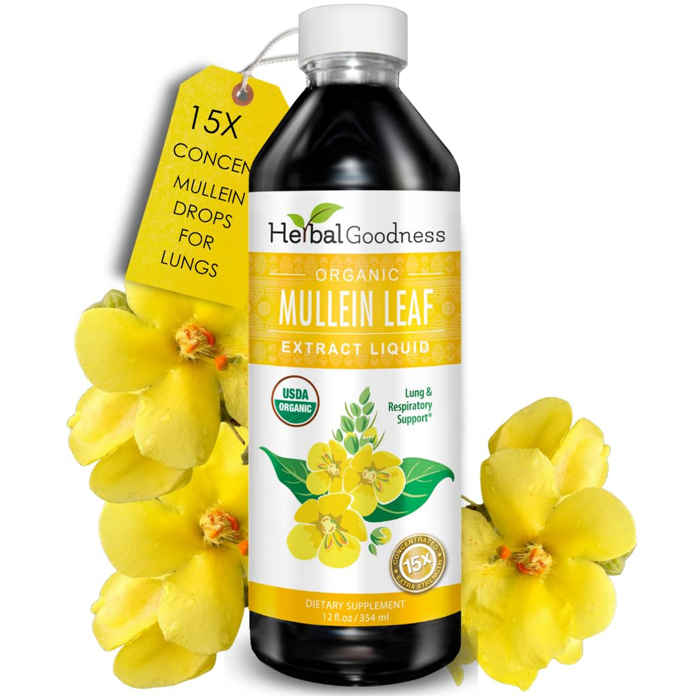 Herbal Goodness Mullein Drops bottle shows 15X concentrate aiding clearer breathing.