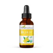 Herbal Goodness Mullein Leaf Extract bottle with dropper for respiratory support and antioxidant benefits.