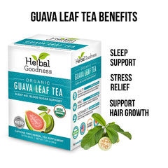 Herbal Goodness Organic Guava Leaves Tea box shown as a natural organic option