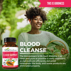 Herbal Goodness Organic Papaya Leaf Ingredients shows 10X strength capsule design.