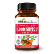 Herbal Goodness Papaya Leaf Blood Support bottle shows natural enzyme benefits for daily vitality.