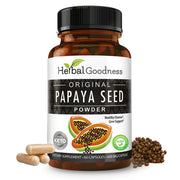 Herbal Goodness Papaya Seeds Capsules bottle shows organic enzymes for digestion