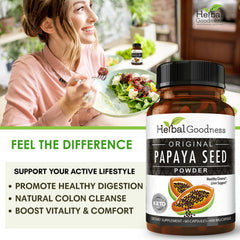 Herbal Goodness Papaya Seeds Capsules closeup highlights high potency enzymes