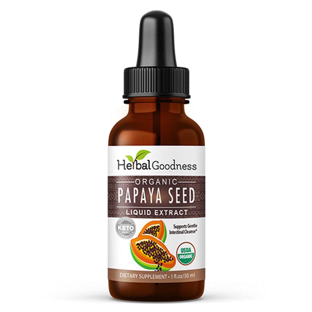 Herbal Goodness Papaya Seeds Digestive Enzymes bottle pour showing the product in use for daily digestion support