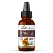 Herbal Goodness Papaya Seeds Digestive Enzymes bottle pour showing the product in use for daily digestion support