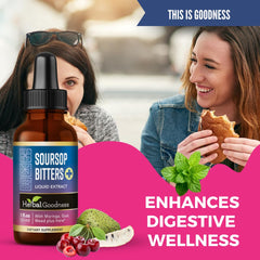 Herbal Goodness Soursop Bitters Drops glass with tea demonstrating a convenient daily ritual.