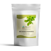 HERBAL HILLS Brahmi powder bottle showcases natural hair care benefits and herbal aroma.