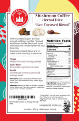 Herbal Hive Bee Focused coffee bag closeup reveals mushrooms and coffee blend