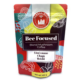 Herbal Hive Bee Focused coffee front label highlights the mushroom blend for a smooth start