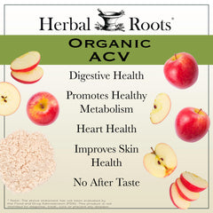 Herbal Roots acv capsules closeup shows easy-to-swallow vegan capsules
