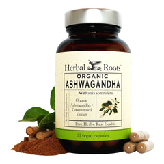 Herbal Roots Ashwagandha bottle promotes calm energy.