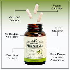 Front packaging of Herbal Roots Ashwagandha capsules.