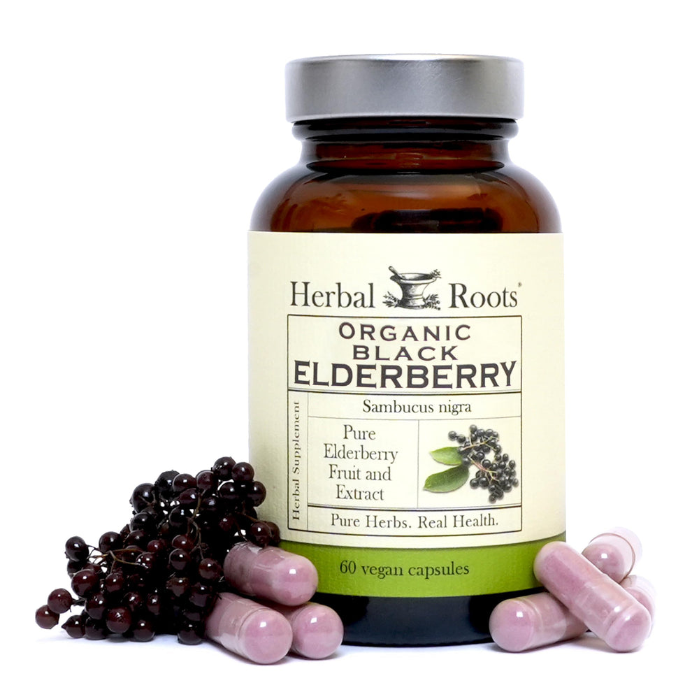 Herbal Roots Black Elderberry Capsules bottle front showing convenient immune-support option
