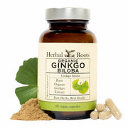 Herbal Roots Ginkgo Biloba bottle front shows pure extract for daily focus.
