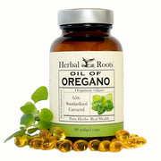 Herbal Roots Oil of Oregano bottle on shelf signaling immune support potential.