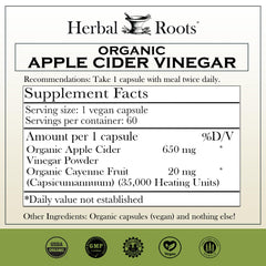 Herbal Roots ACV bottle label highlights mother and cayenne for natural wellness