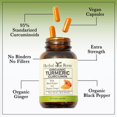 Herbal Roots Turmeric Capsules packaging box highlighting purity and quality