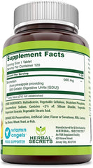 Herbal Secrets Bromelain 500mg tablet bottle with water for easy daily intake.