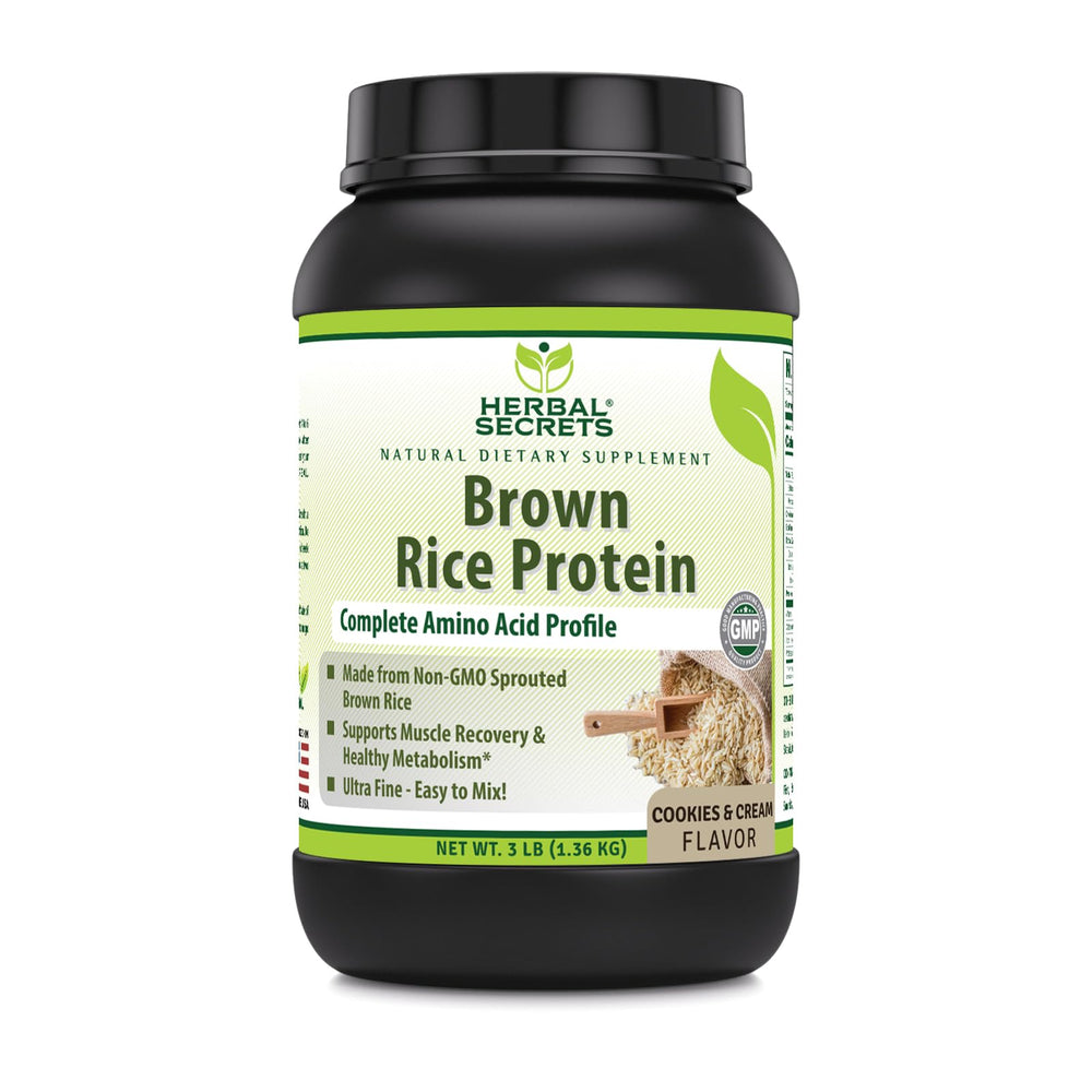Herbal Secrets Brown Rice Protein Powder bottle in Cookies & Cream flavor for vegan protein
