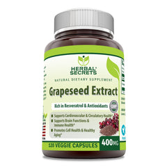 Herbal Secrets Grapeseed Extract bottle showing 400 mg per serving for daily wellness.