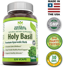 Herbal Secrets Holy Basil ingredients label emphasizes non-GMO and gluten-free formula