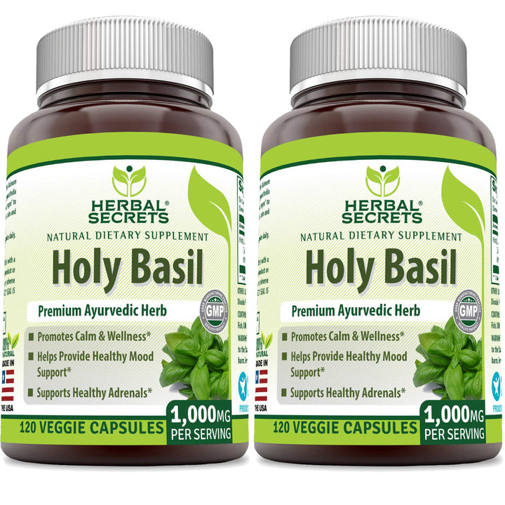 Herbal Secrets Holy Basil bottle for daily wellness support.