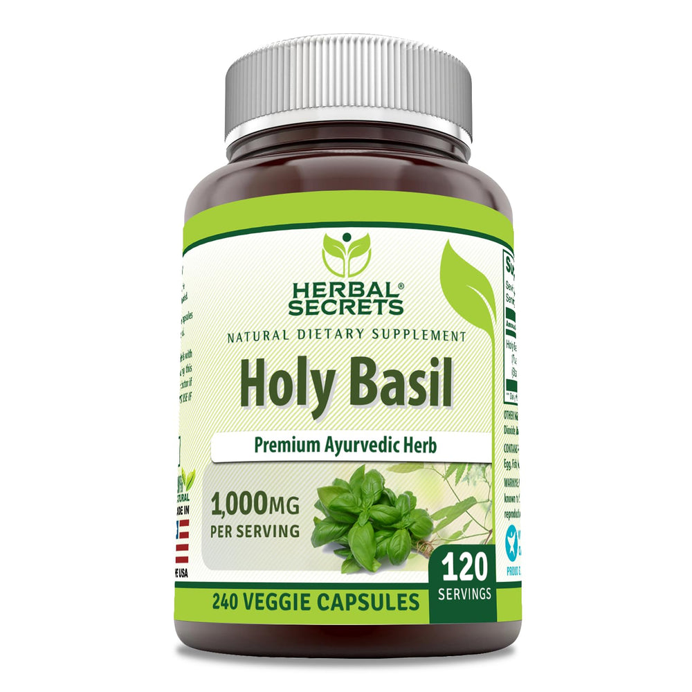 Herbal Secrets Holy Basil bottle with 240 veggie capsules for daily wellness
