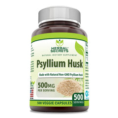 Herbal Secrets psyllium husk bottle shows 500 mg per serving for fiber support