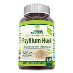 Herbal Secrets psyllium husk bottle with 500 mg capsules supports daily fiber intake.