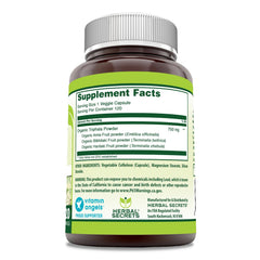Close-up of Herbal Secrets Triphala capsules, gluten-free and non-GMO