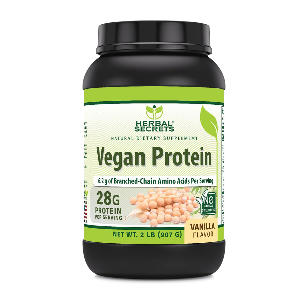 Herbal Secrets Vegan Protein vanilla tub close-up shows plant-based protein