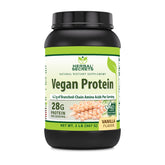 Herbal Secrets Vegan Protein vanilla tub close-up shows plant-based protein