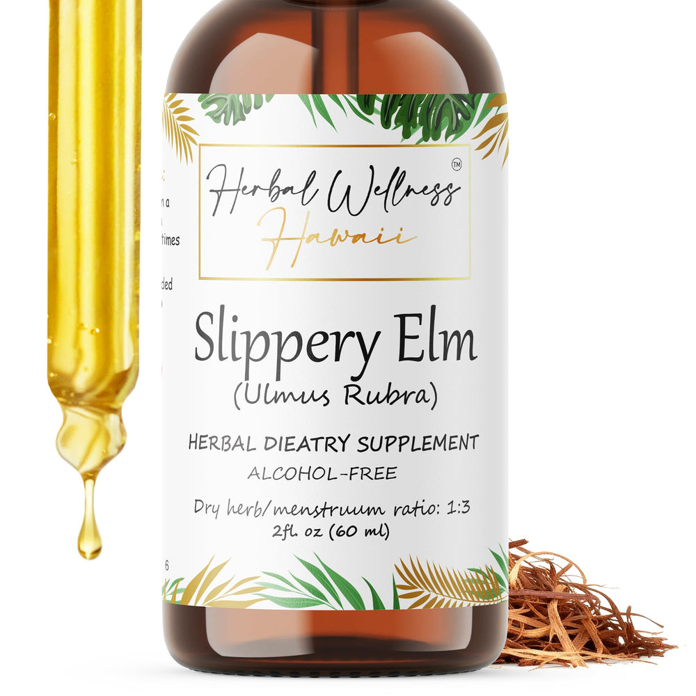 Herbal Wellness Hawaii slippery elm bark drops demonstrate an alcohol-free liquid extract for gentle daily use.