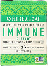 Herbal Zap Immune Support box front demonstrates 25 portable packets for on-the-go wellness.