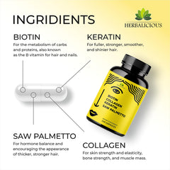 Herbalicious biotin capsules close-up highlighting collagen and keratin formula.