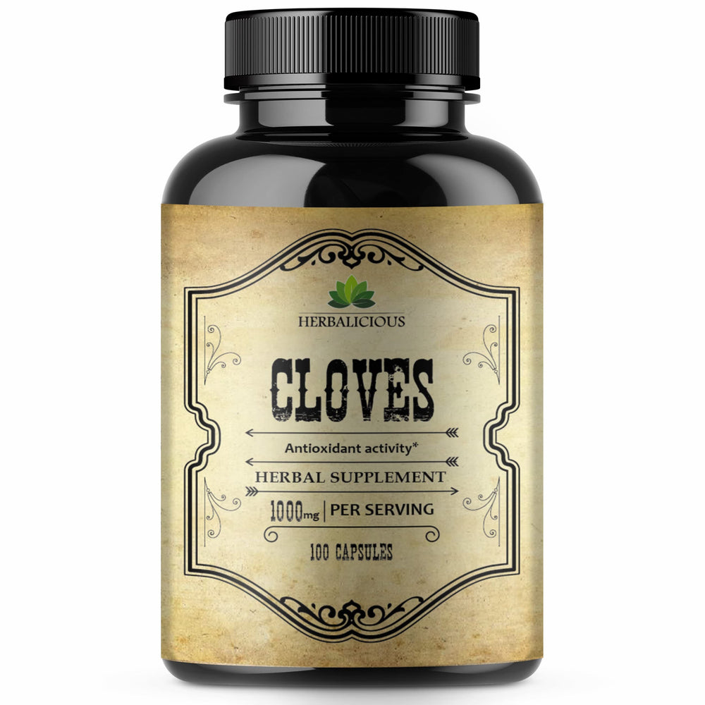 Herbalicious cloves capsules bottle front for daily mineral support.