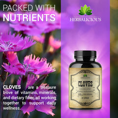 Herbalicious cloves capsules dispensed capsules on white surface for convenient daily use.